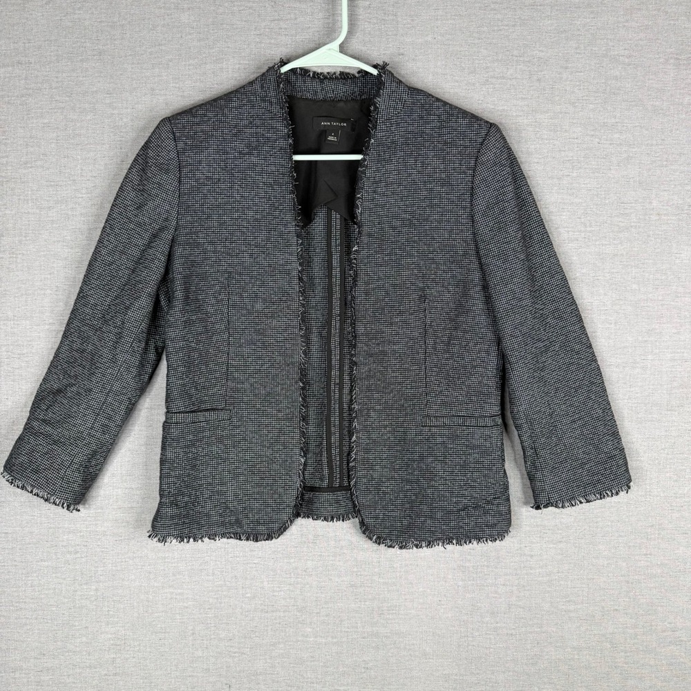 Ann Taylor Womens Size 4‎ Black White Tweed Open Front Blazer Raw Hem Jacket
